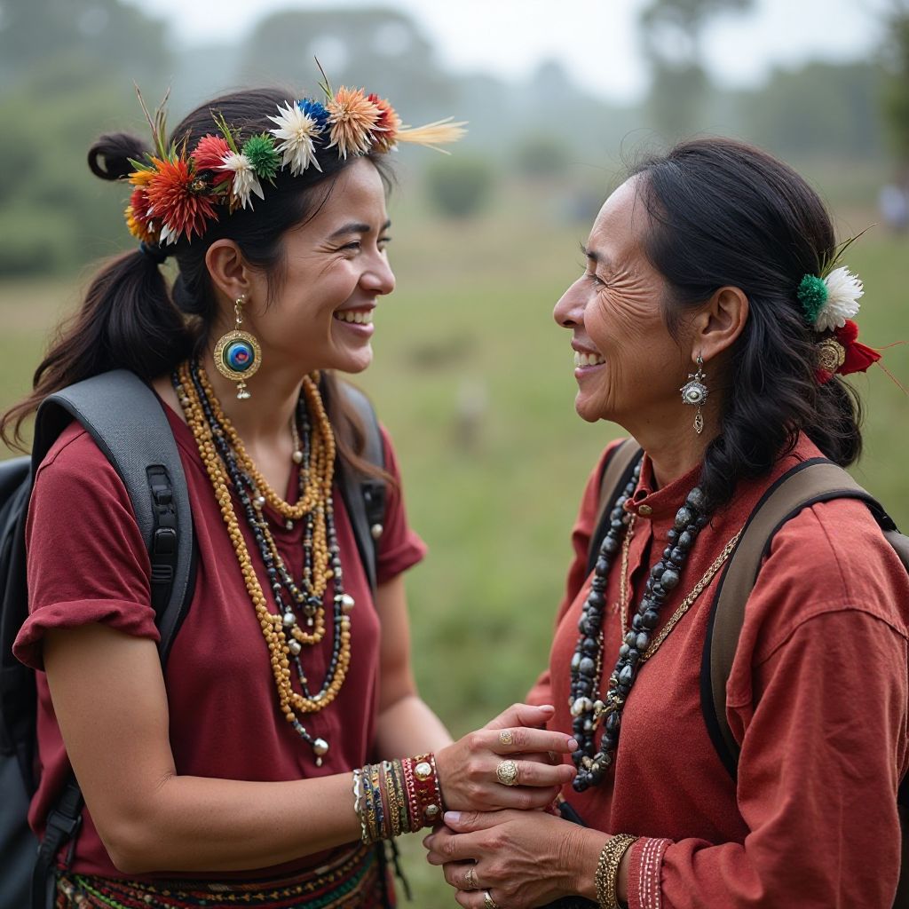 Female traveler interacting with local community